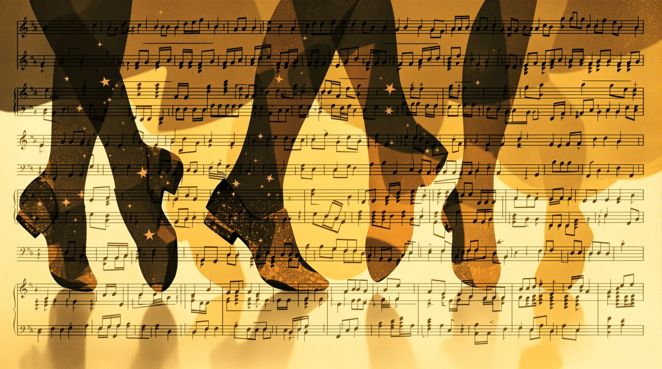 Abstract montage of dancing feet and rhythmic patterns suggesting the evolution of tap
