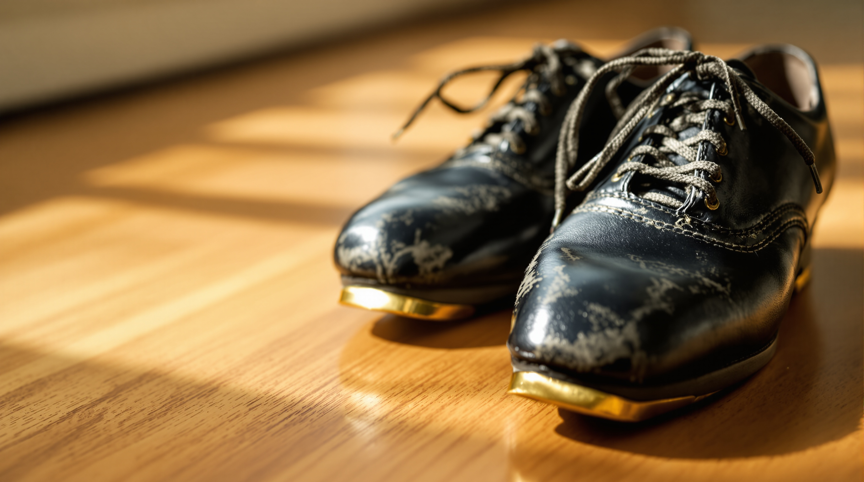 Close-up of worn leather tap shoes with metal taps resting on a polished sprung wooden dance floor